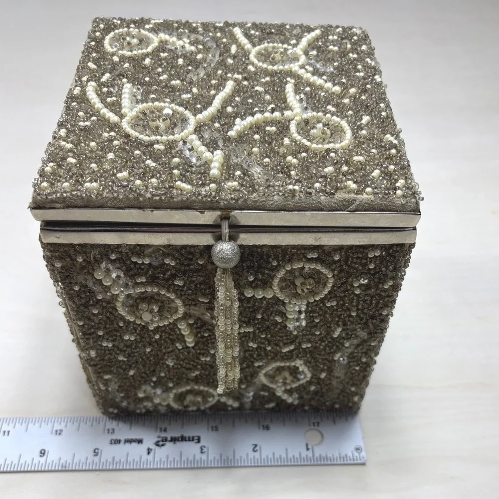 Target 2005 Vintage Style Beaded Jewelry Box Champagne Pearl Sequin Tassel 4x4